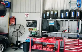 Auto repair tools and tyre storage area Auto repair tools and tyre storage area